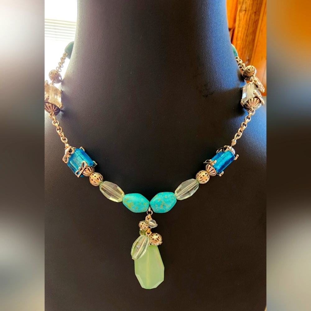 Avon Turquoise-Colored Statement Necklace & Earrings Gift Set w/Sea Glass Accent